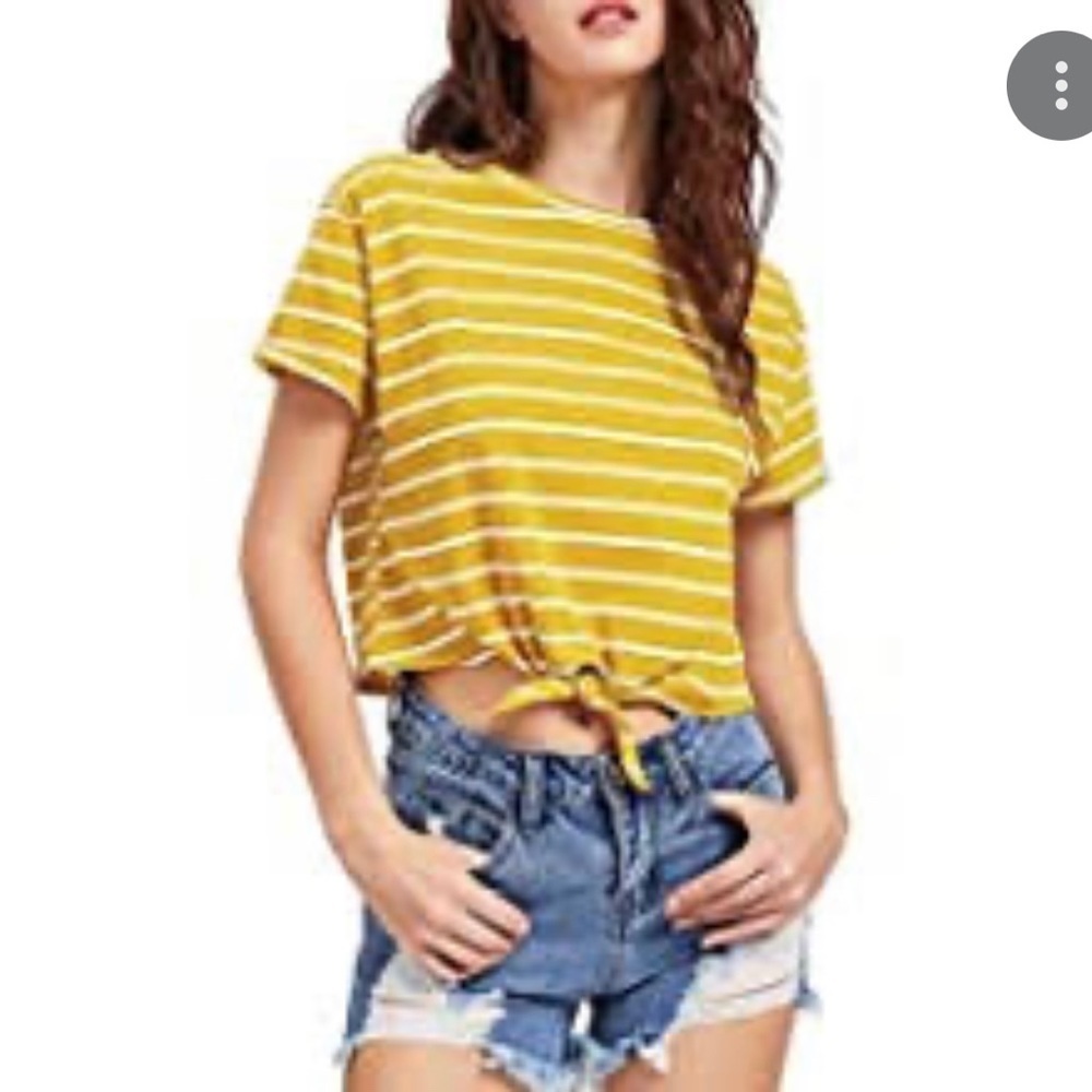 MUSTARD yellow & white stripe cropped tie front top